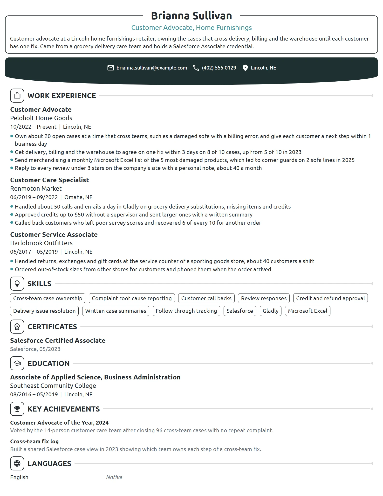 Customer Advocate resume example