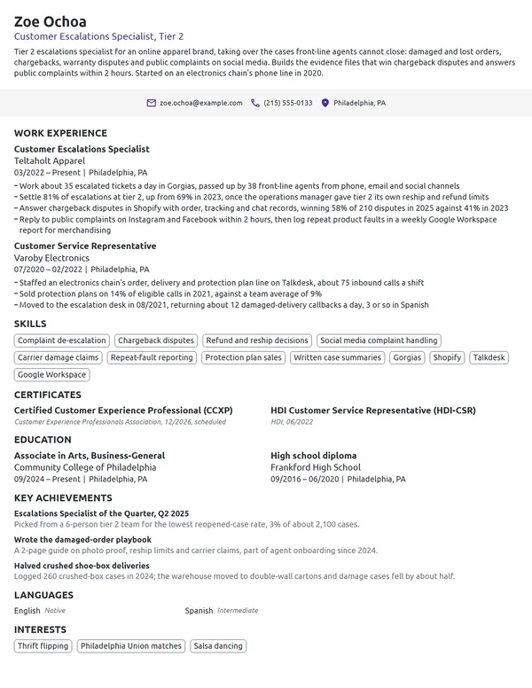 Customer Escalations Specialist resume example