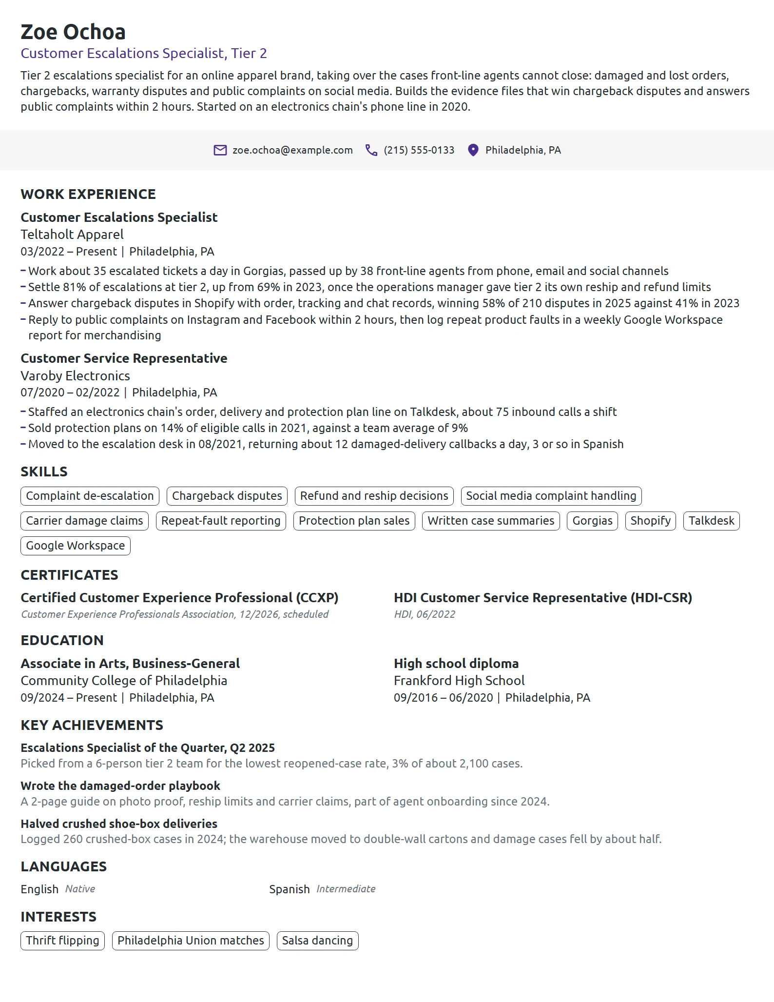 Customer Escalations Specialist resume example