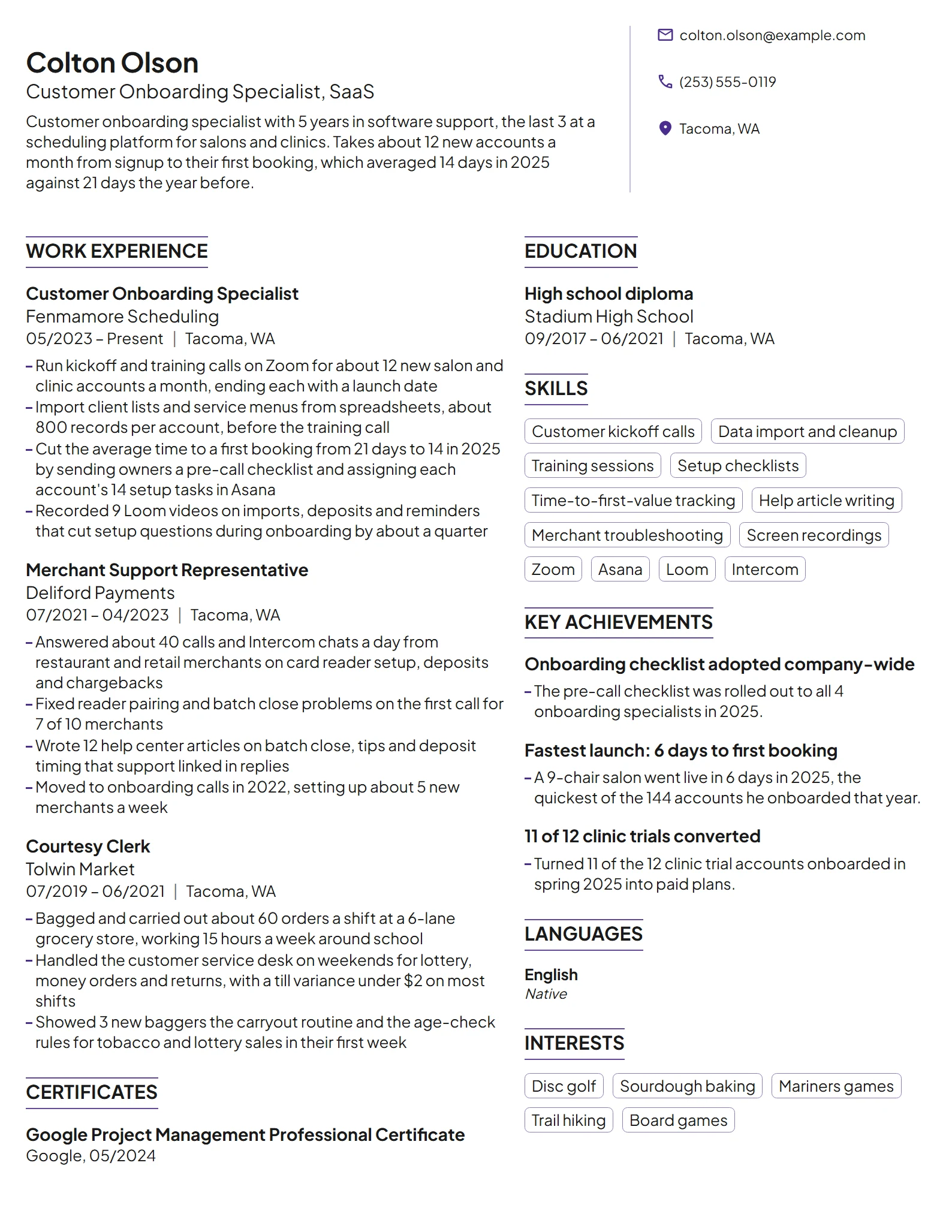 Customer Onboarding Specialist resume example
