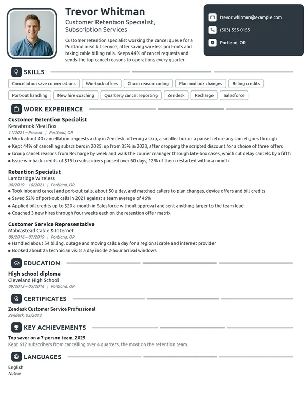 Customer Retention Specialist resume example
