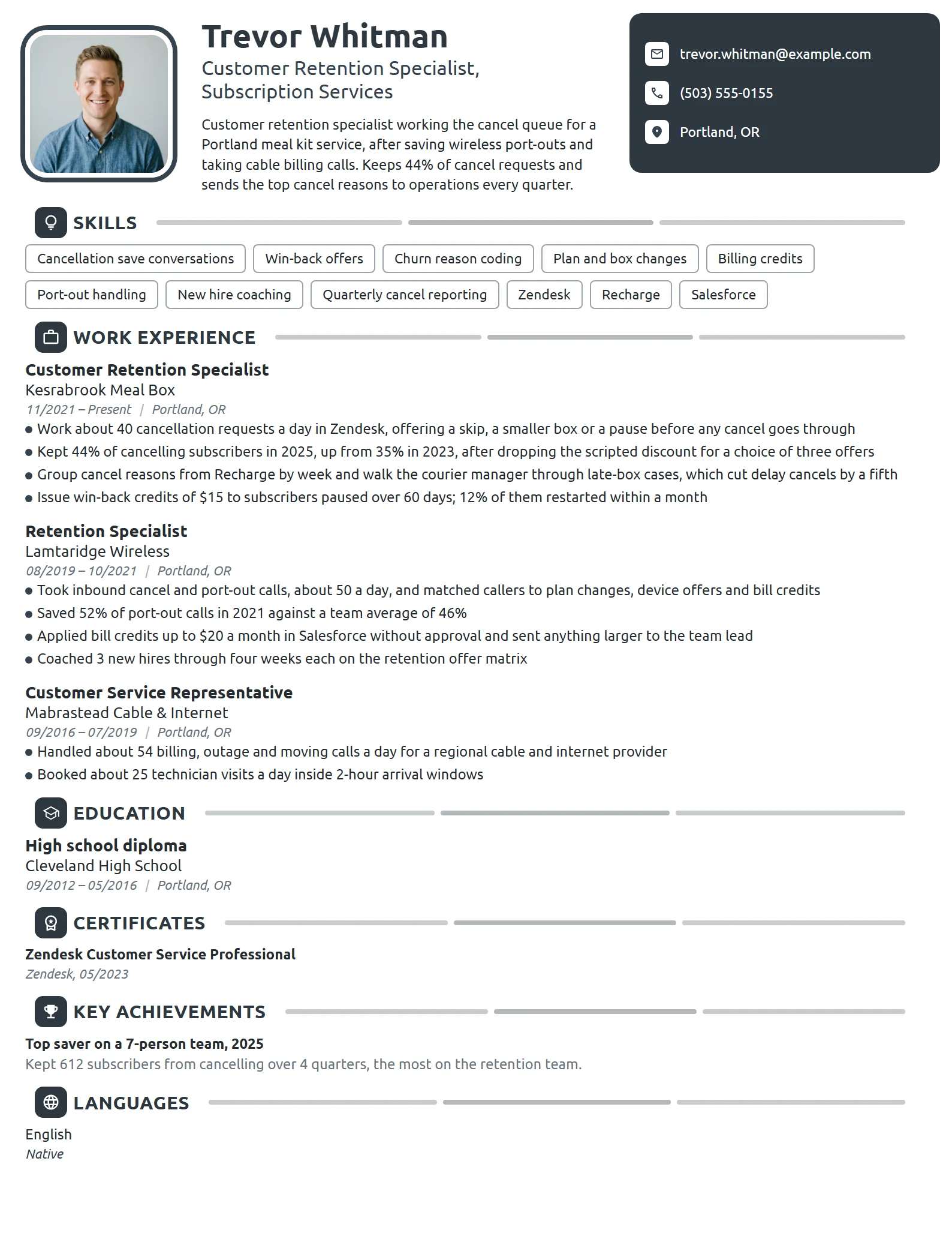 Customer Retention Specialist resume example
