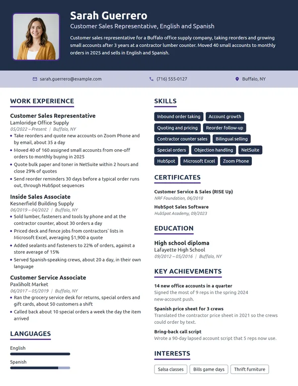 Customer Sales Representative resume example