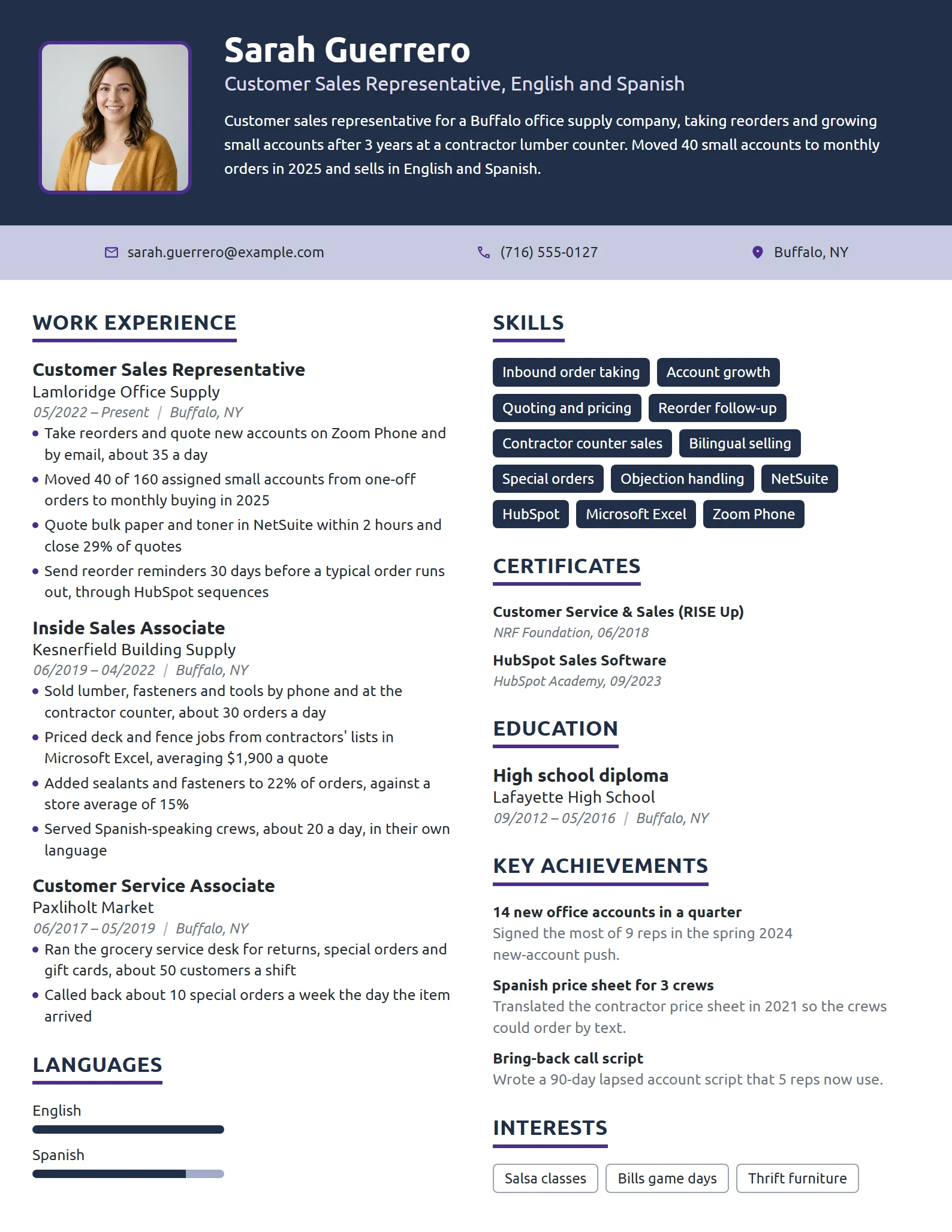Customer Sales Representative resume example