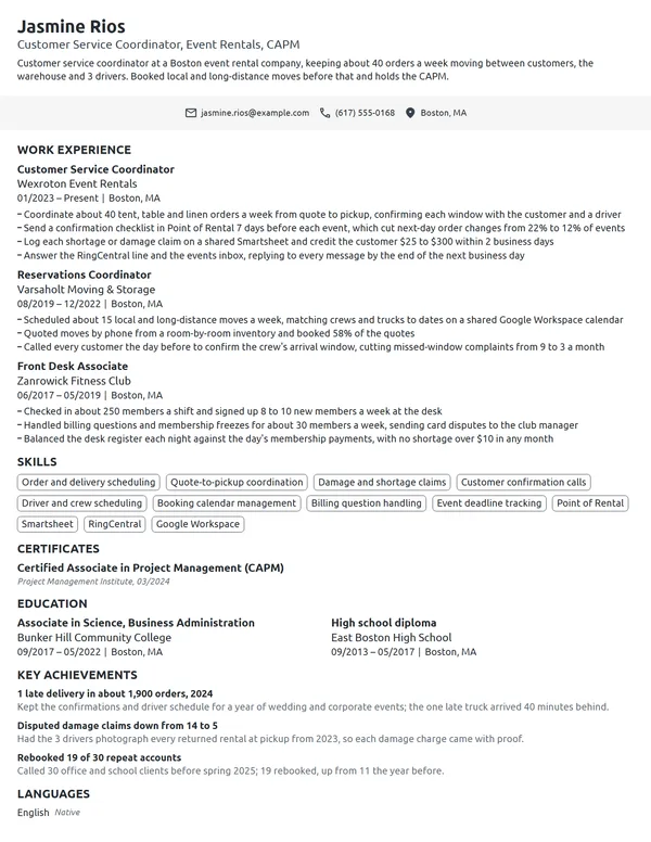 Customer Service Coordinator resume example