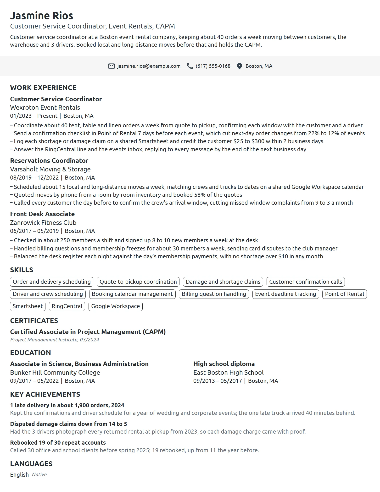 Customer Service Coordinator resume example