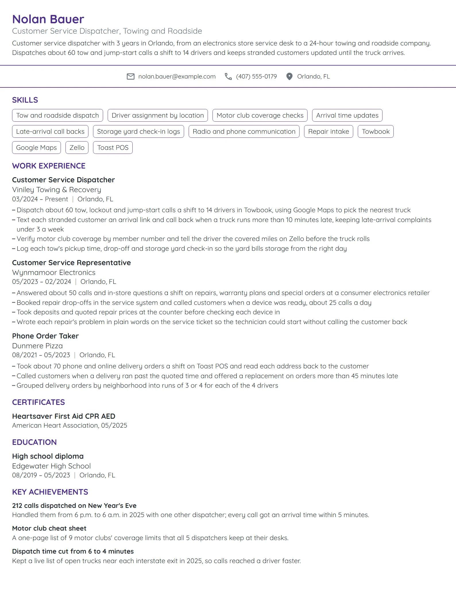 Customer Service Dispatcher resume example
