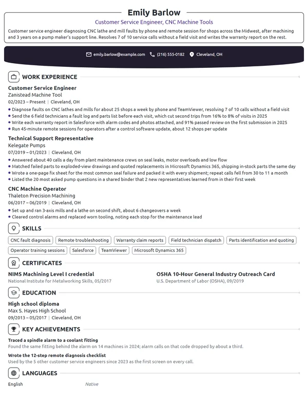 Customer Service Engineer resume example