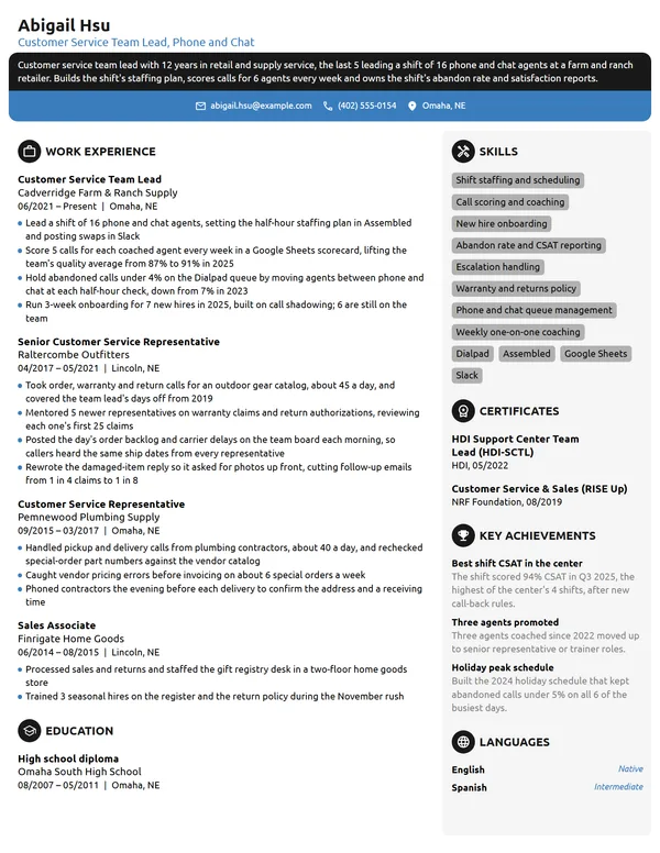 Customer Service Team Lead resume example