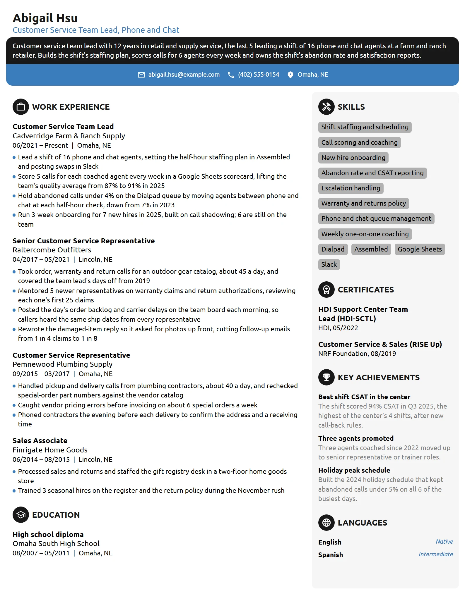 Customer Service Team Lead resume example