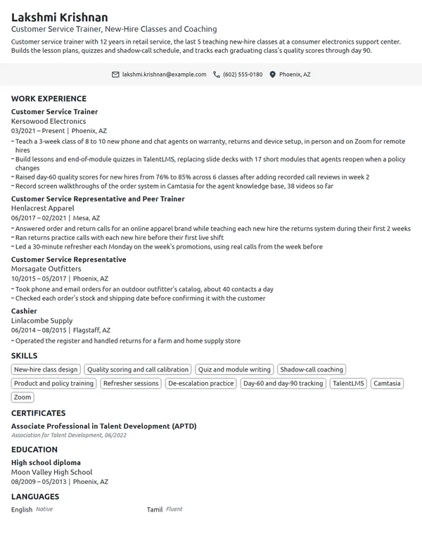 Customer Service Trainer resume example