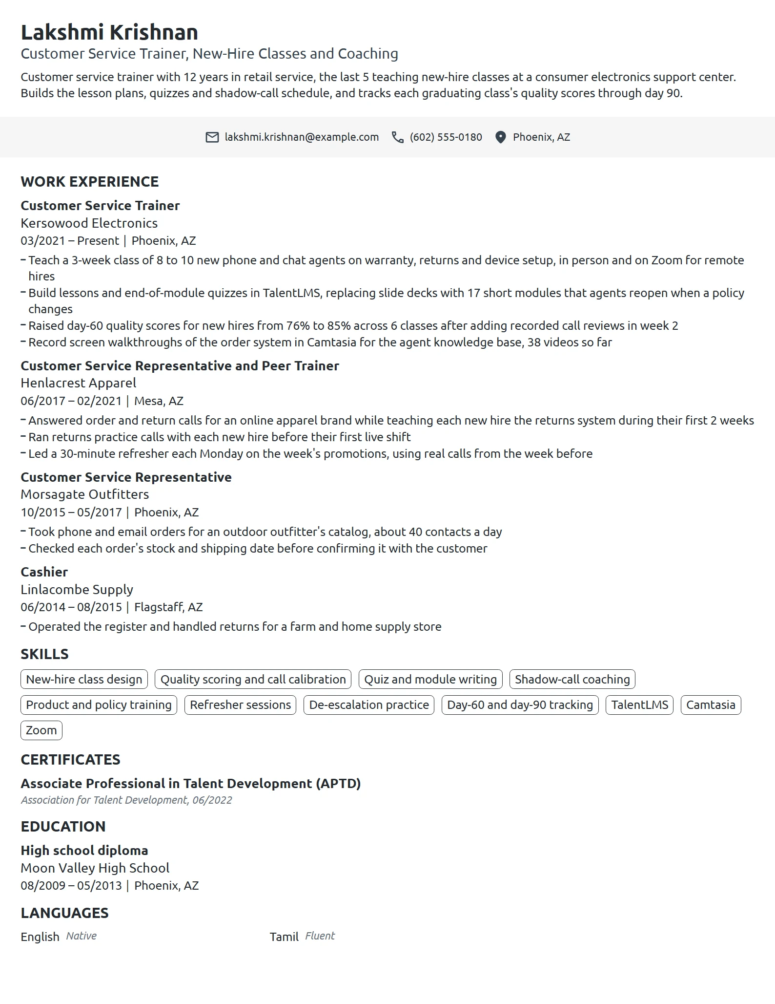 Customer Service Trainer resume example