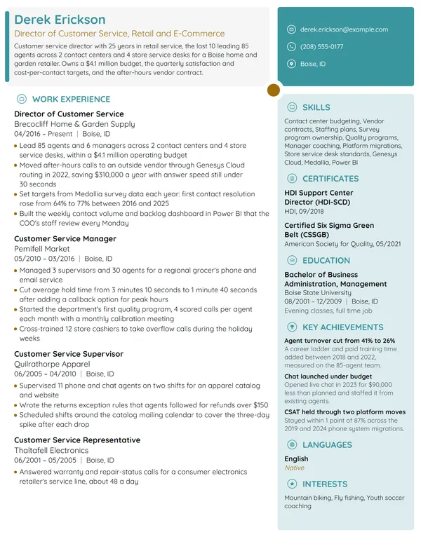 Director of Customer Service resume example