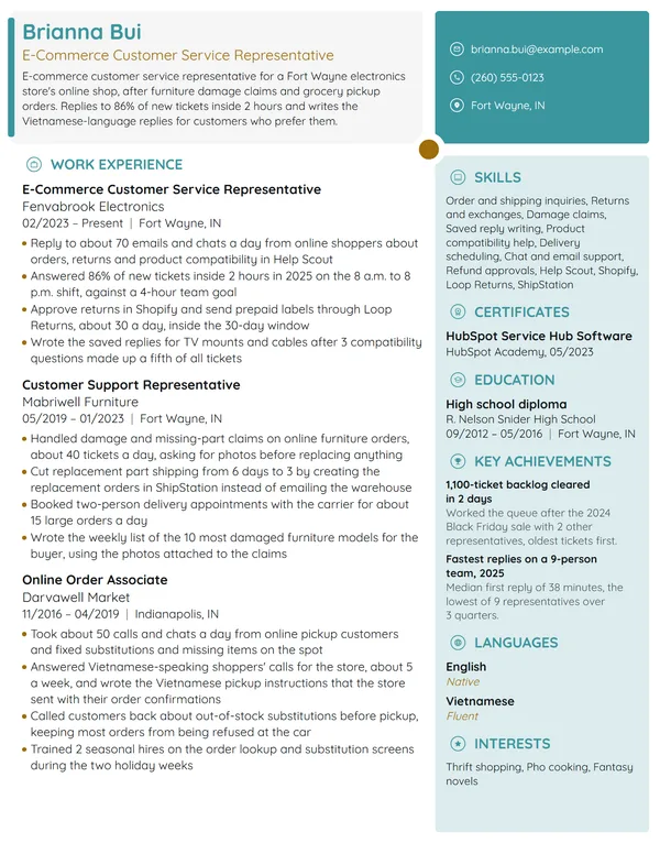 E-Commerce Customer Service Representative resume example