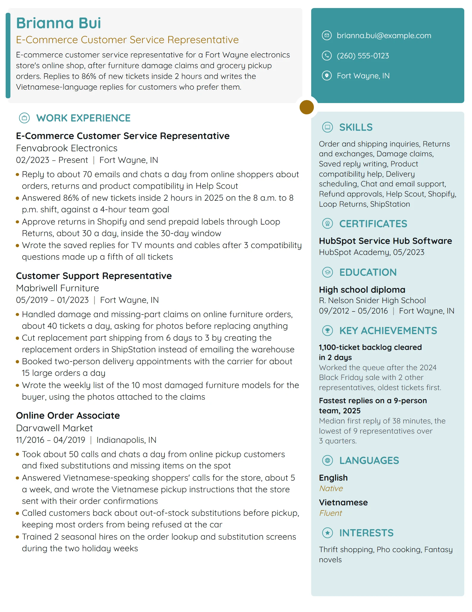 E-Commerce Customer Service Representative resume example