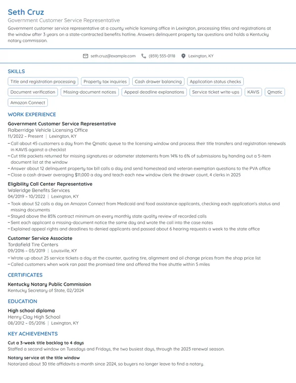 Government Customer Service Representative resume example