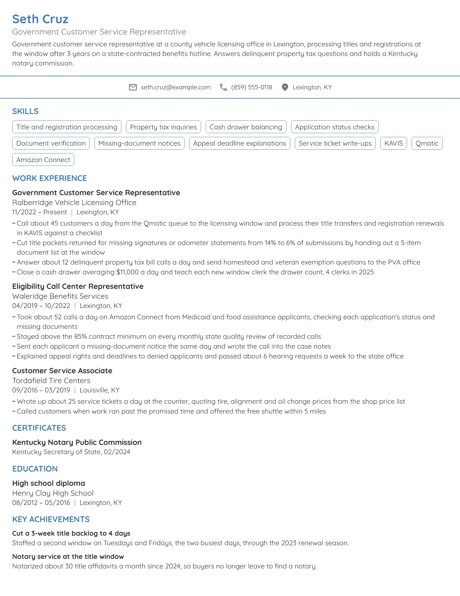 Government Customer Service Representative resume example