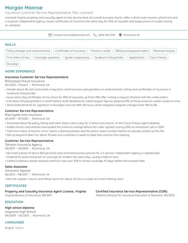 Insurance Customer Service Representative resume example
