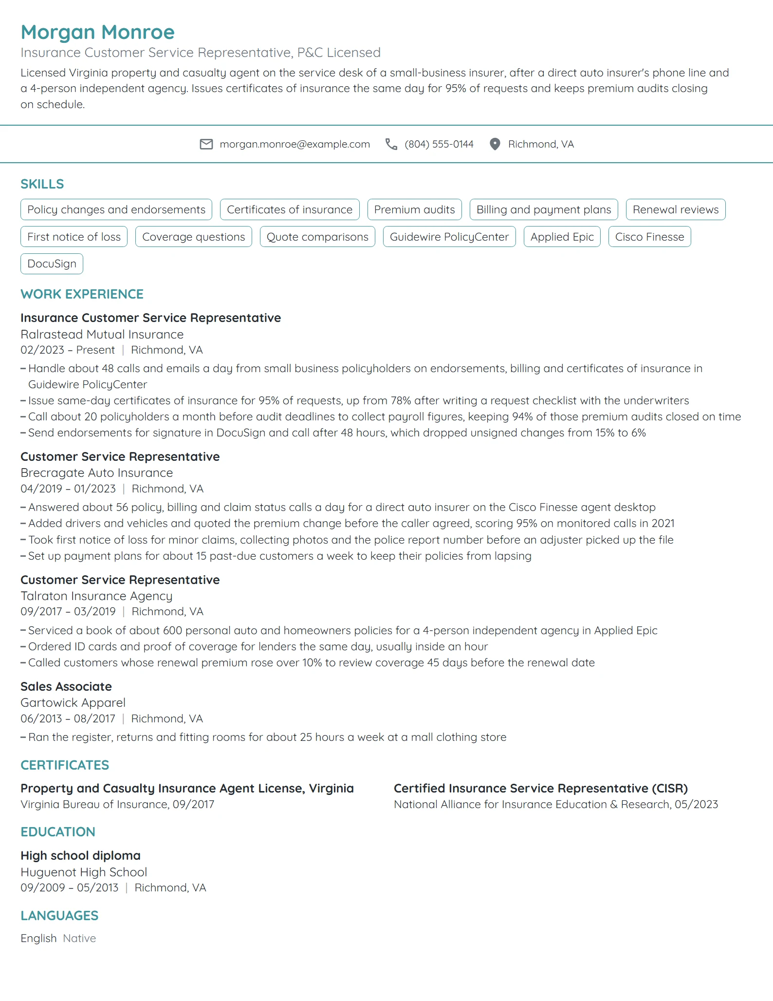 Insurance Customer Service Representative resume example