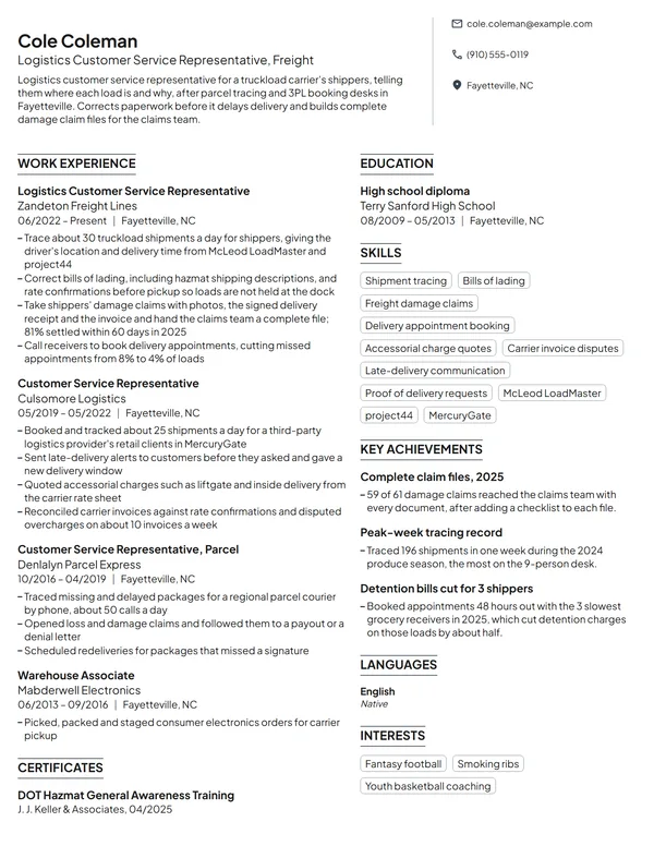 Logistics Customer Service Representative resume example