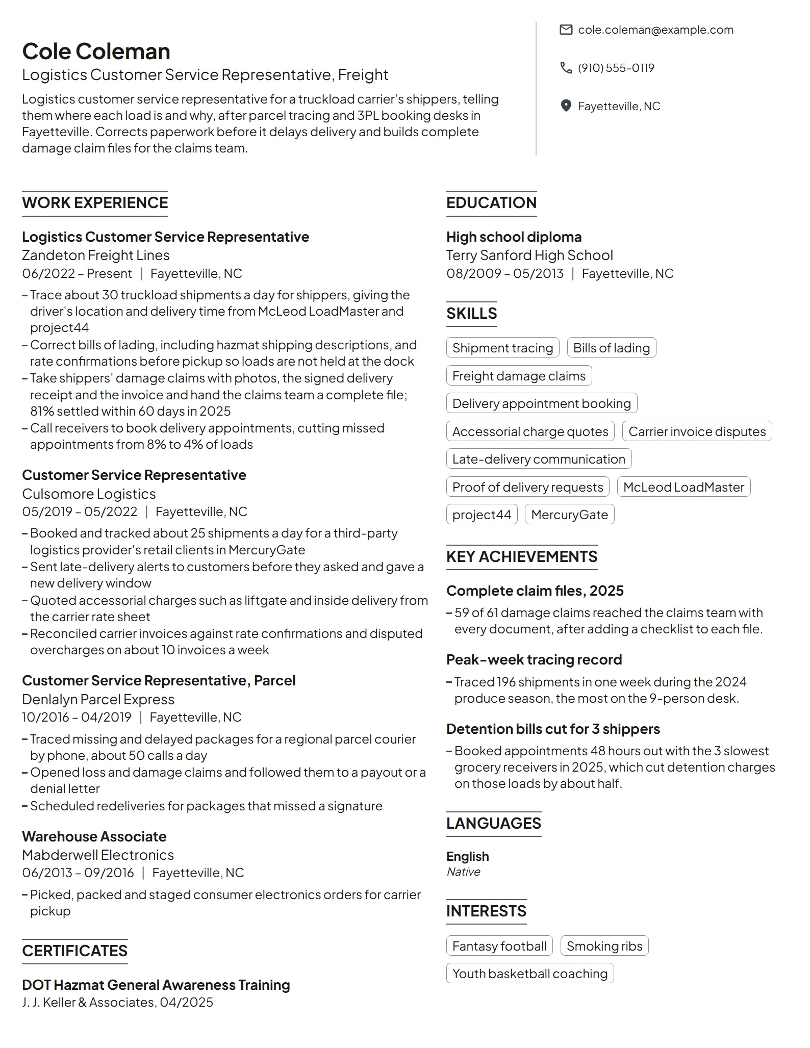 Logistics Customer Service Representative resume example