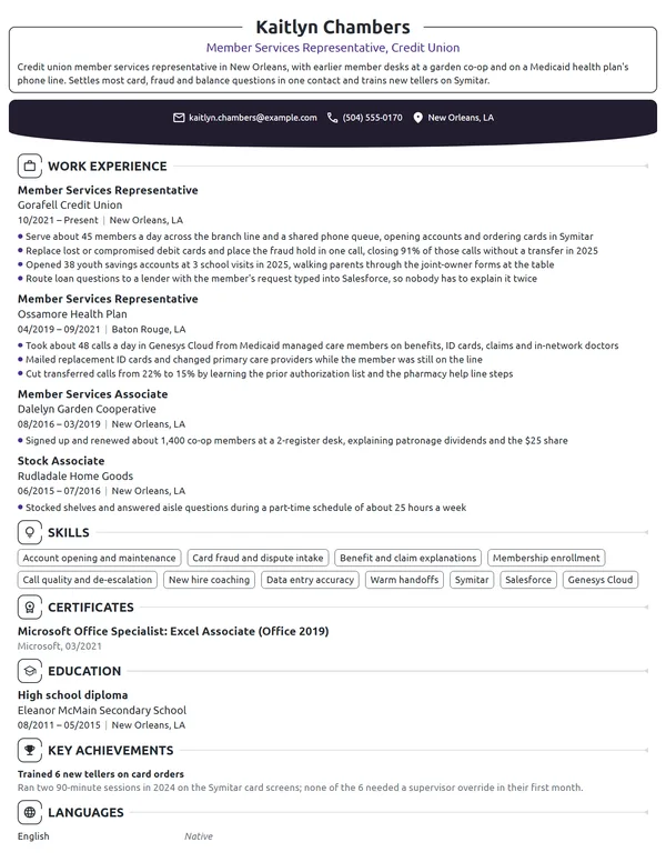 Member Services Representative resume example
