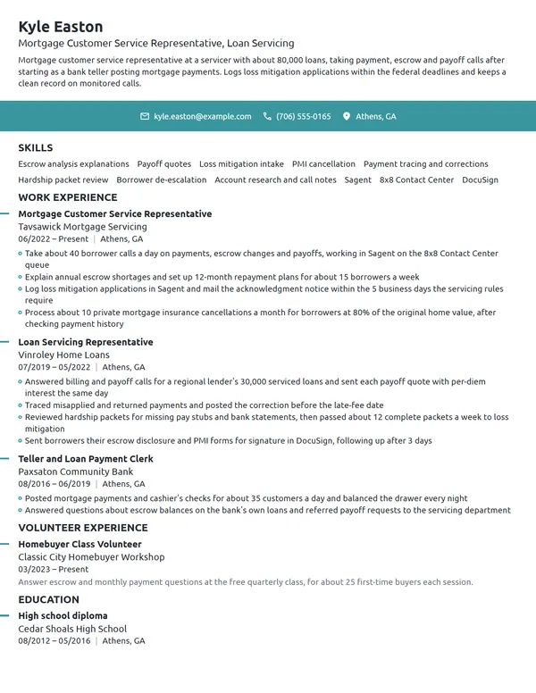 Mortgage Customer Service Representative resume example