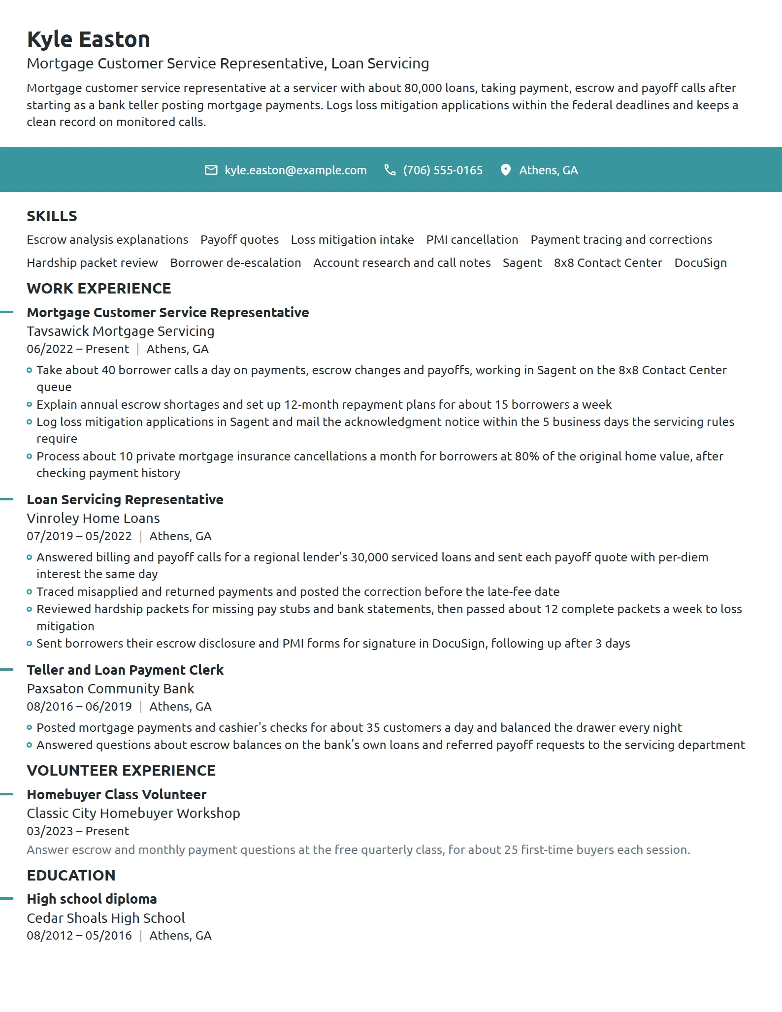 Mortgage Customer Service Representative resume example