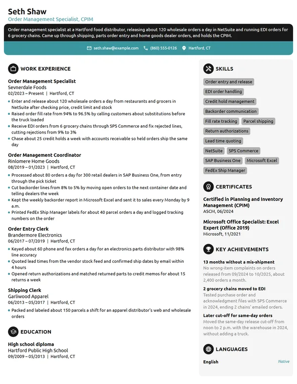 Order Management Specialist resume example
