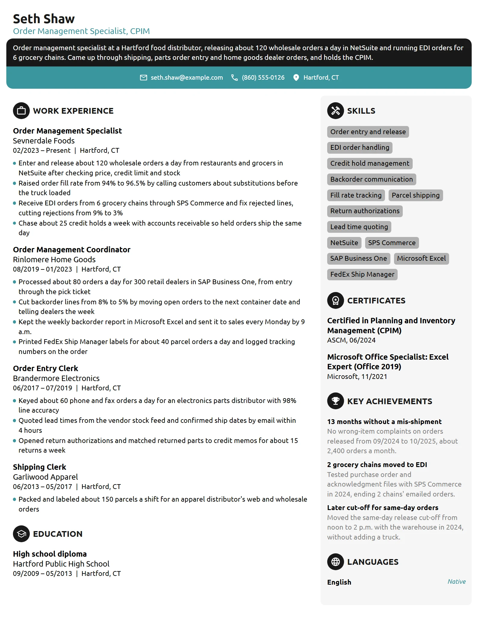 Order Management Specialist resume example