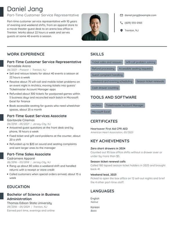 Part-Time Customer Service Representative resume example