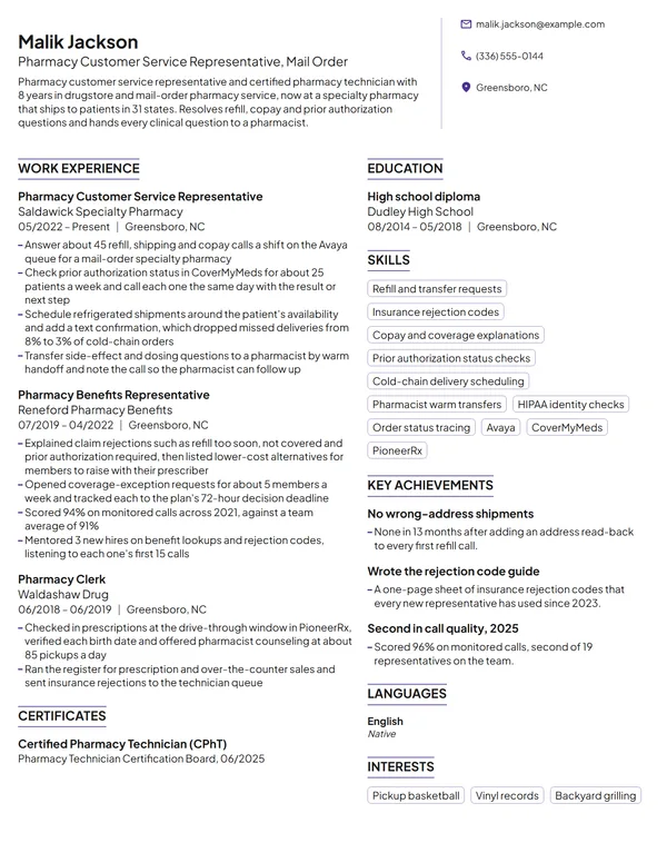 Pharmacy Customer Service Representative resume example