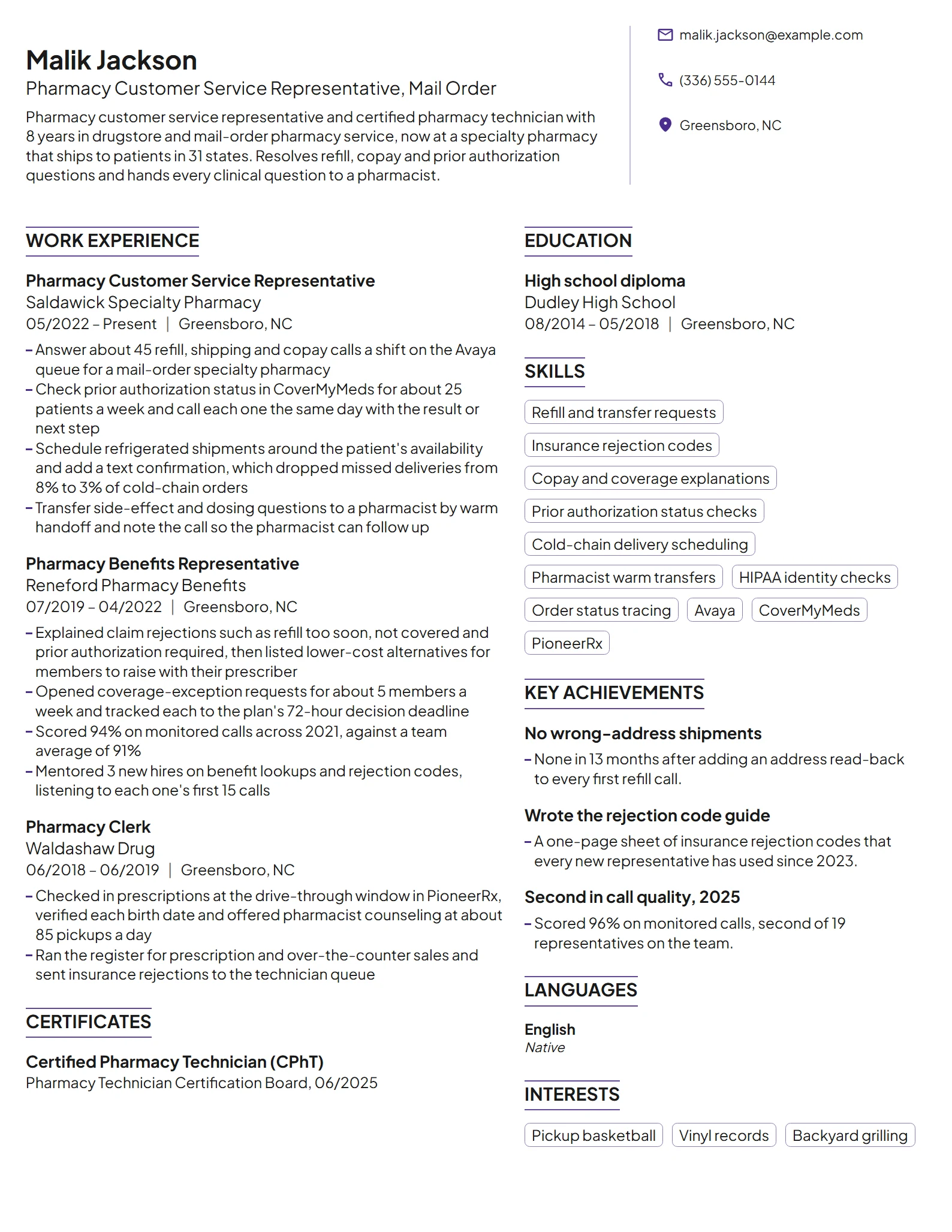 Pharmacy Customer Service Representative resume example