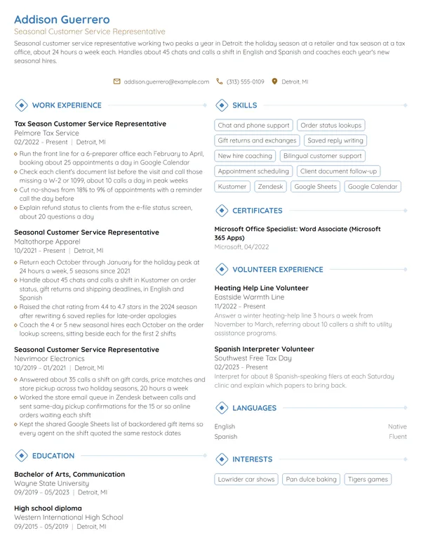 Seasonal Customer Service Representative resume example