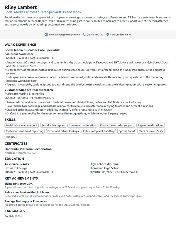 Social Media Customer Care Specialist resume example
