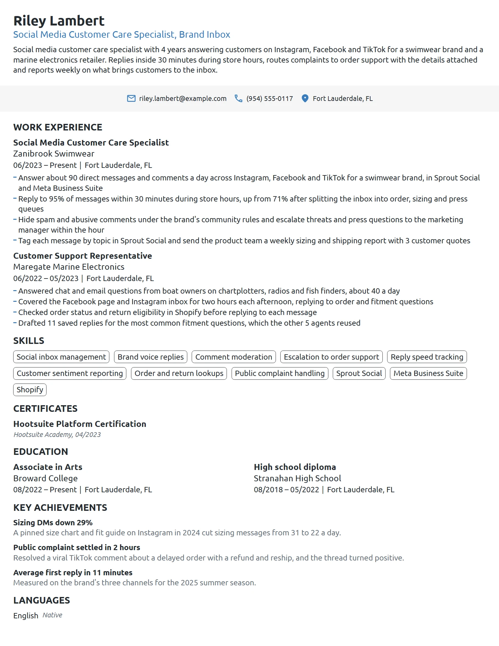 Social Media Customer Care Specialist resume example