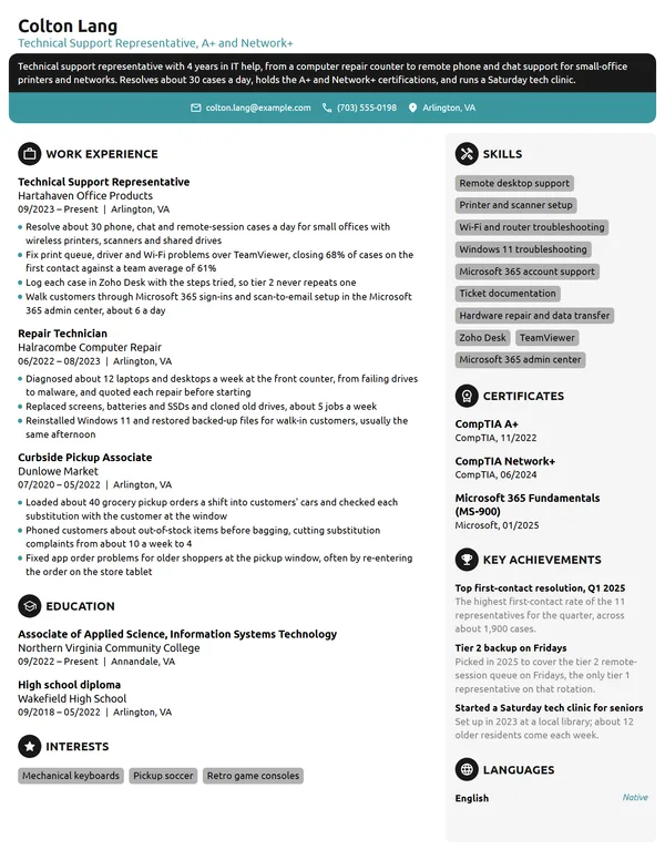 Technical Support Representative resume example