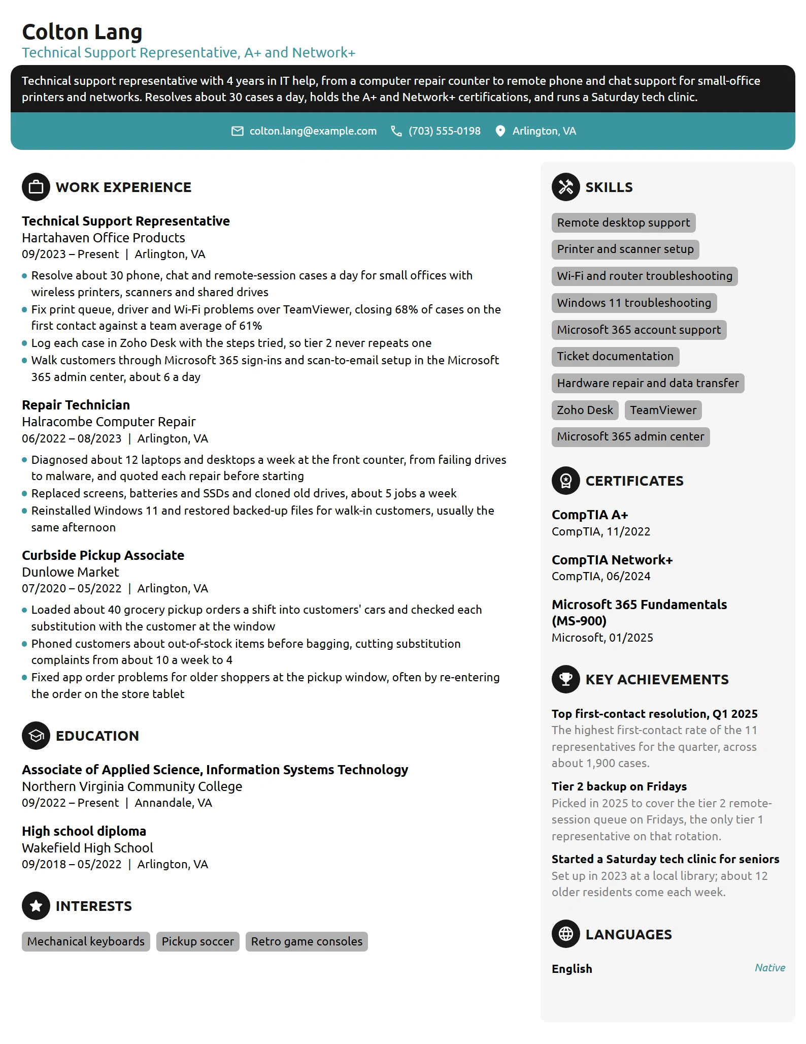 Technical Support Representative resume example