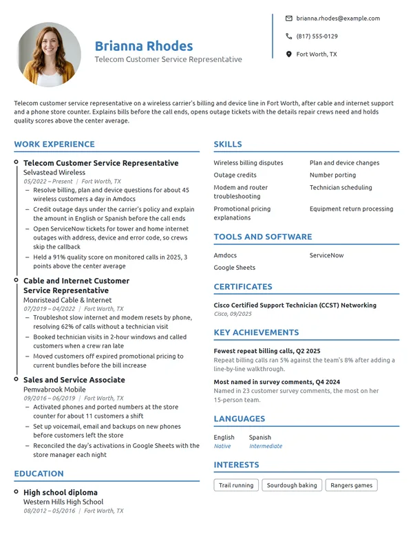 Telecom Customer Service Representative resume example