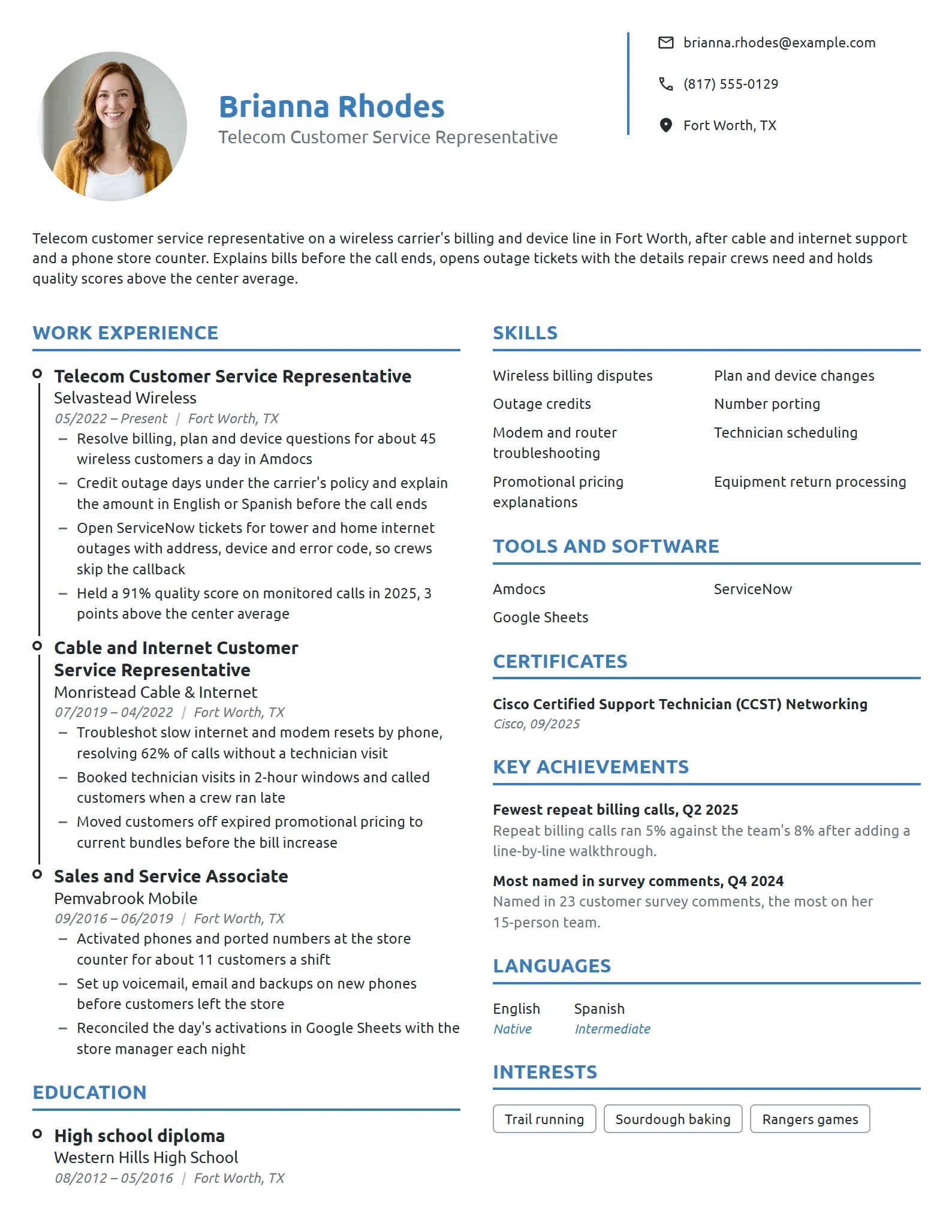 Telecom Customer Service Representative resume example