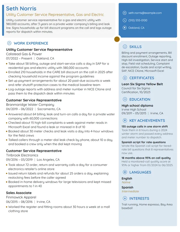 Utility Customer Service Representative resume example