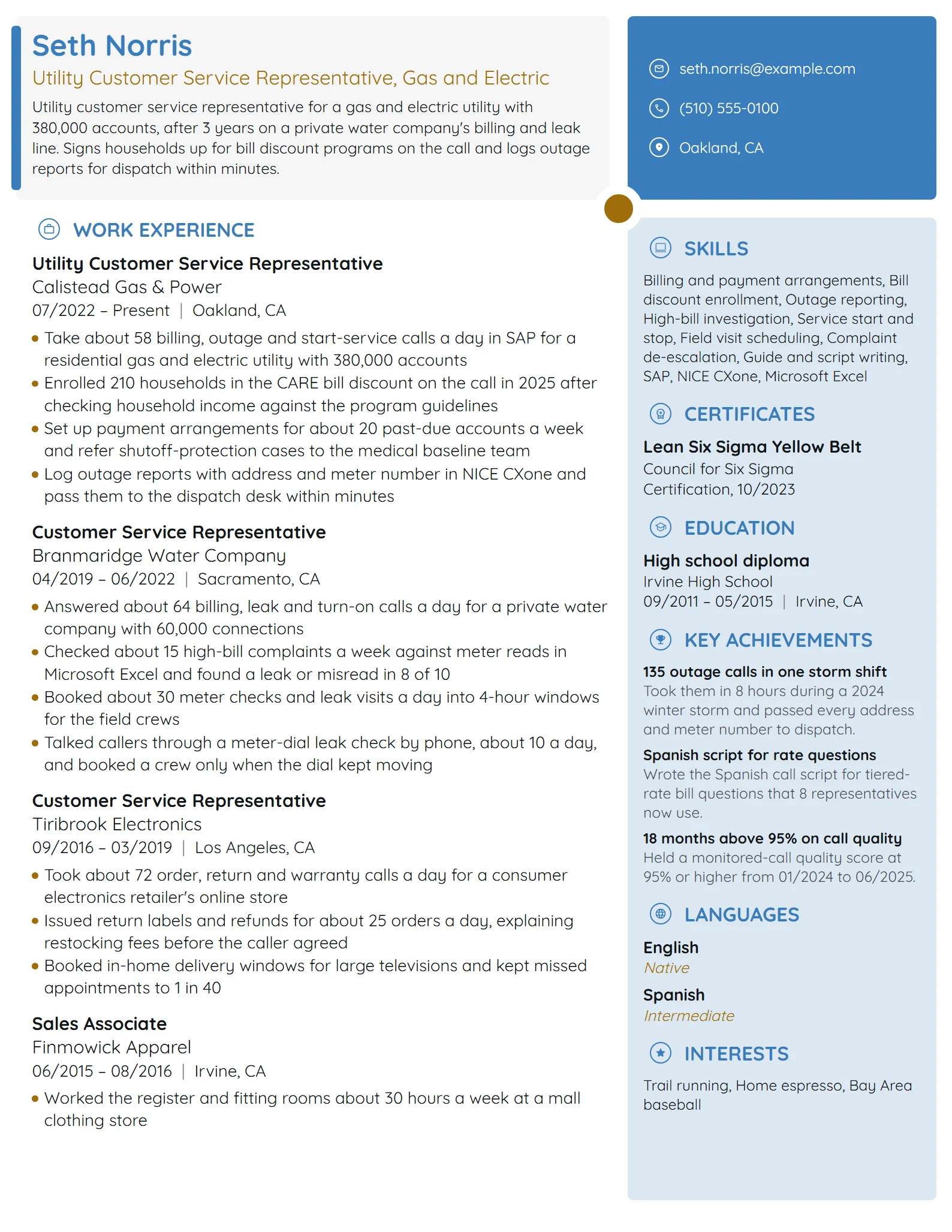 Utility Customer Service Representative resume example