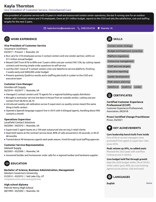 Vice President of Customer Service resume example