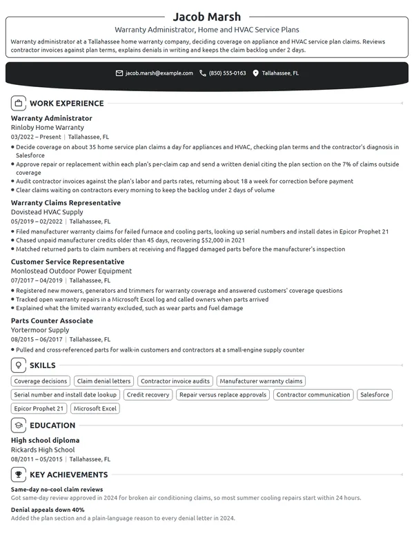 Warranty Administrator resume example