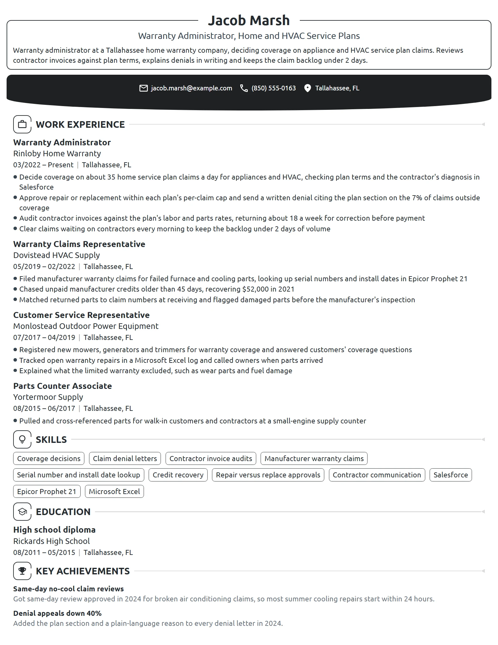 Warranty Administrator resume example