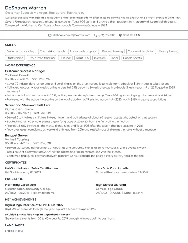 Career Change Customer Success Manager resume example