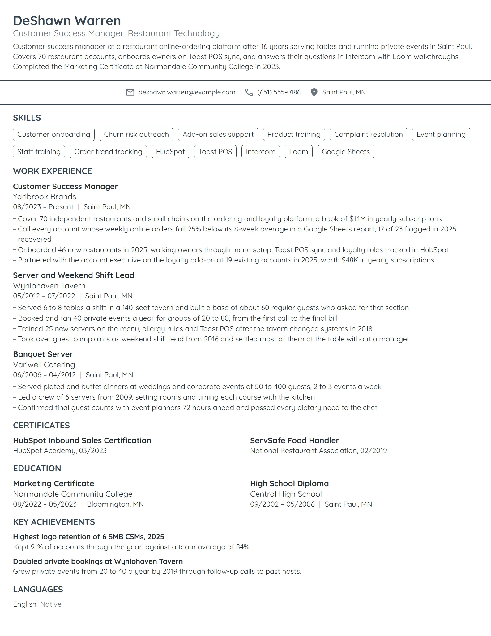 Career Change Customer Success Manager resume example