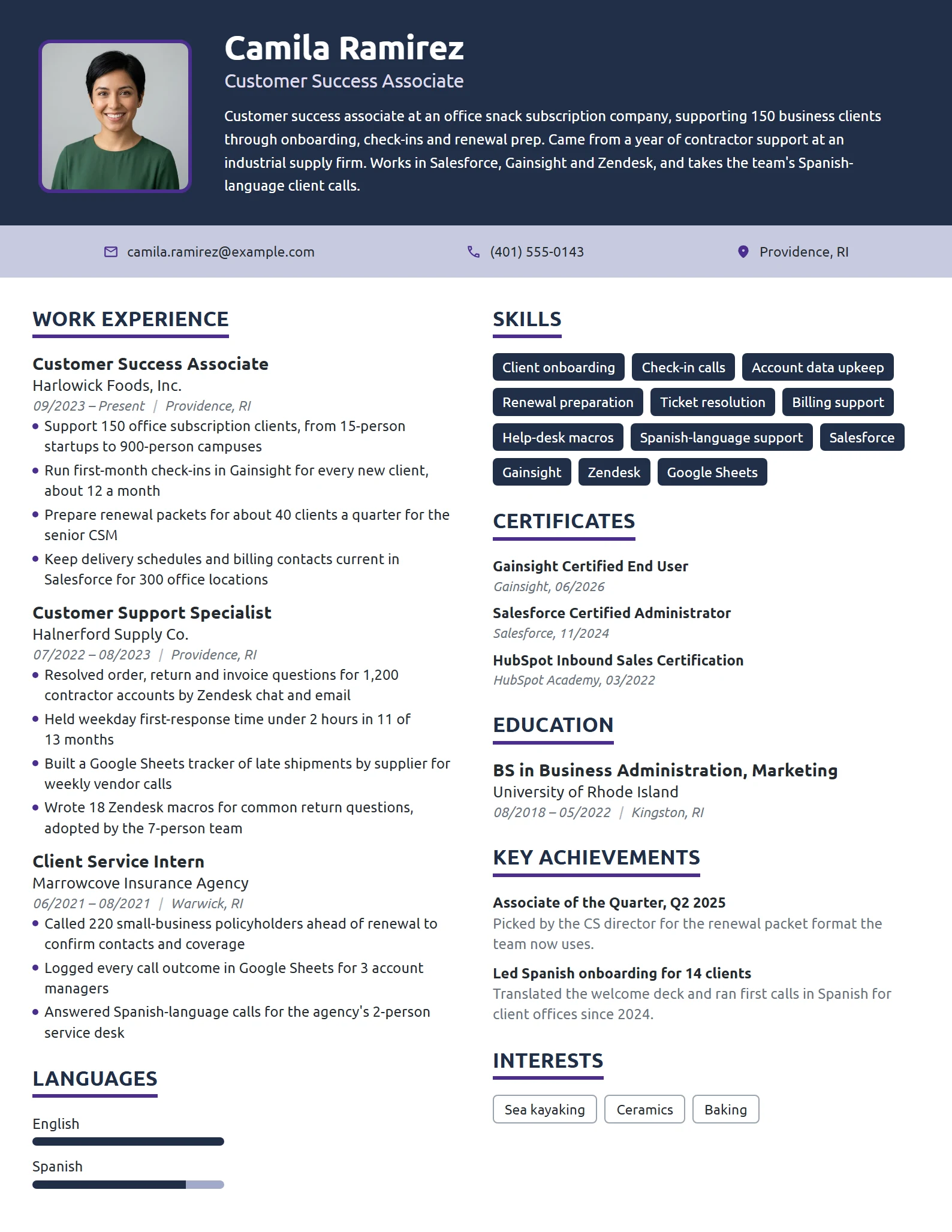 Customer Success Associate resume example
