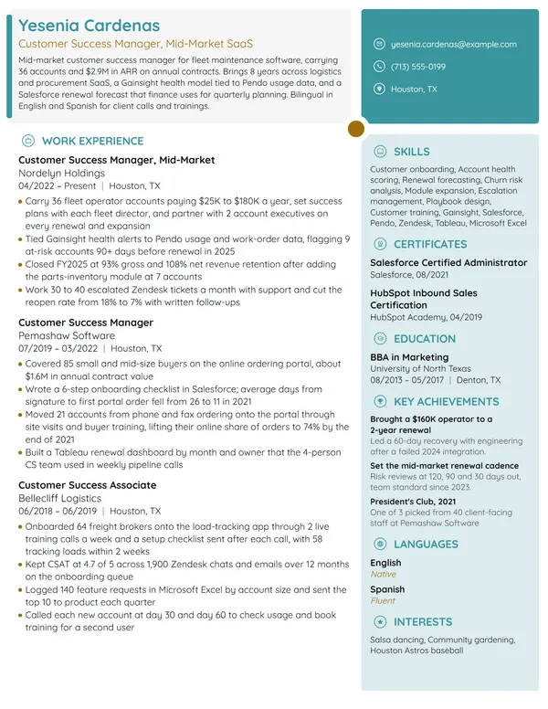 Customer Success Manager resume example