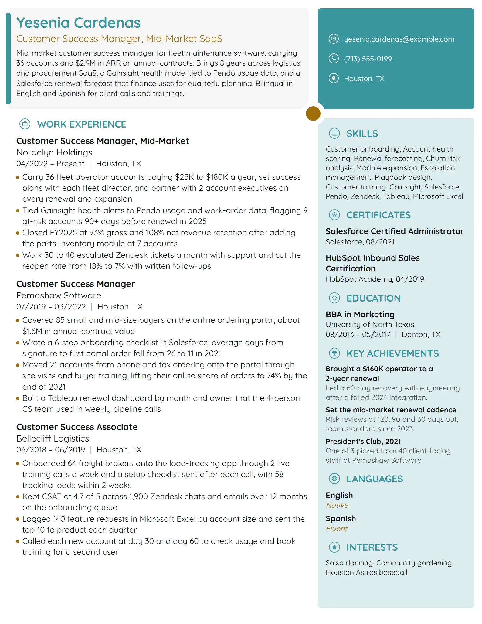 Customer Success Manager resume example